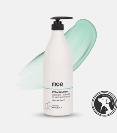 Moe Puppy Xtra Nourish dog dandruff shampoo bottle for dogs and cats