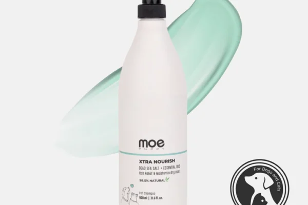 Moe Puppy Xtra Nourish dog dandruff shampoo bottle for dogs and cats