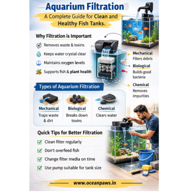 Aquarium Filtration system showing mechanical, biological and chemical filtration in a fish tank