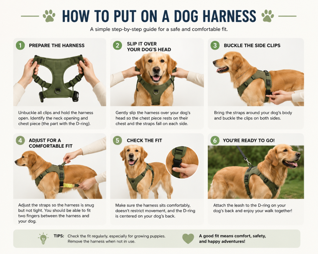 Person showing how to put on a dog harness by slipping the loop over a dog's head