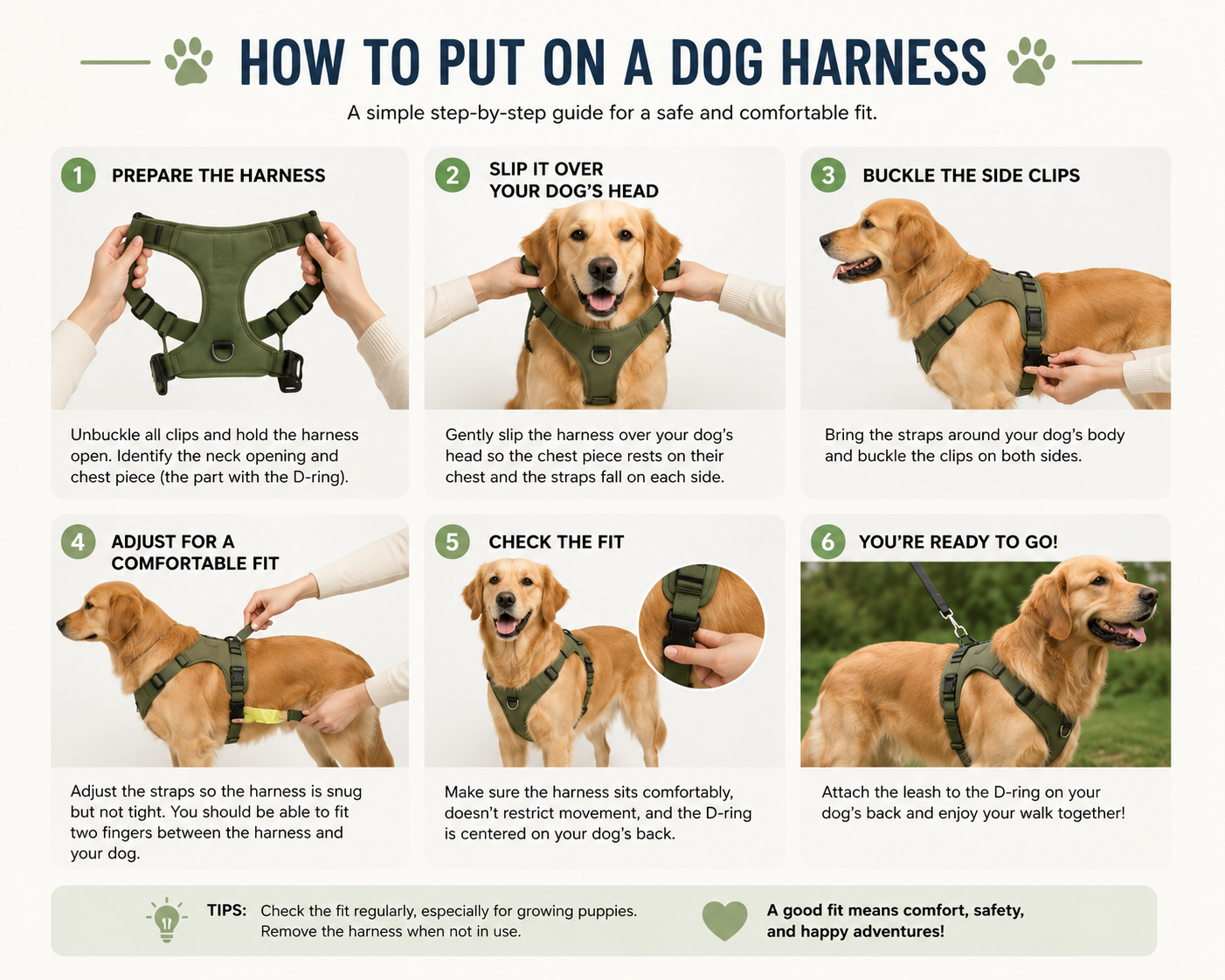 Person showing how to put on a dog harness by slipping the loop over a dog's head