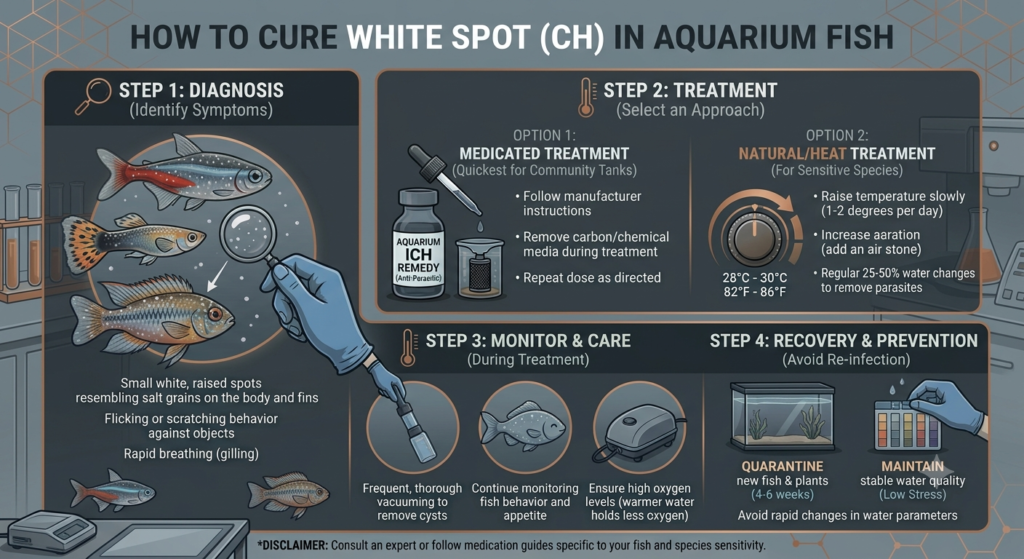 A detailed infographic showing the four steps to diagnose and treat White Spot disease (Ich) in aquarium fish, including medicated and natural heat treatment options.