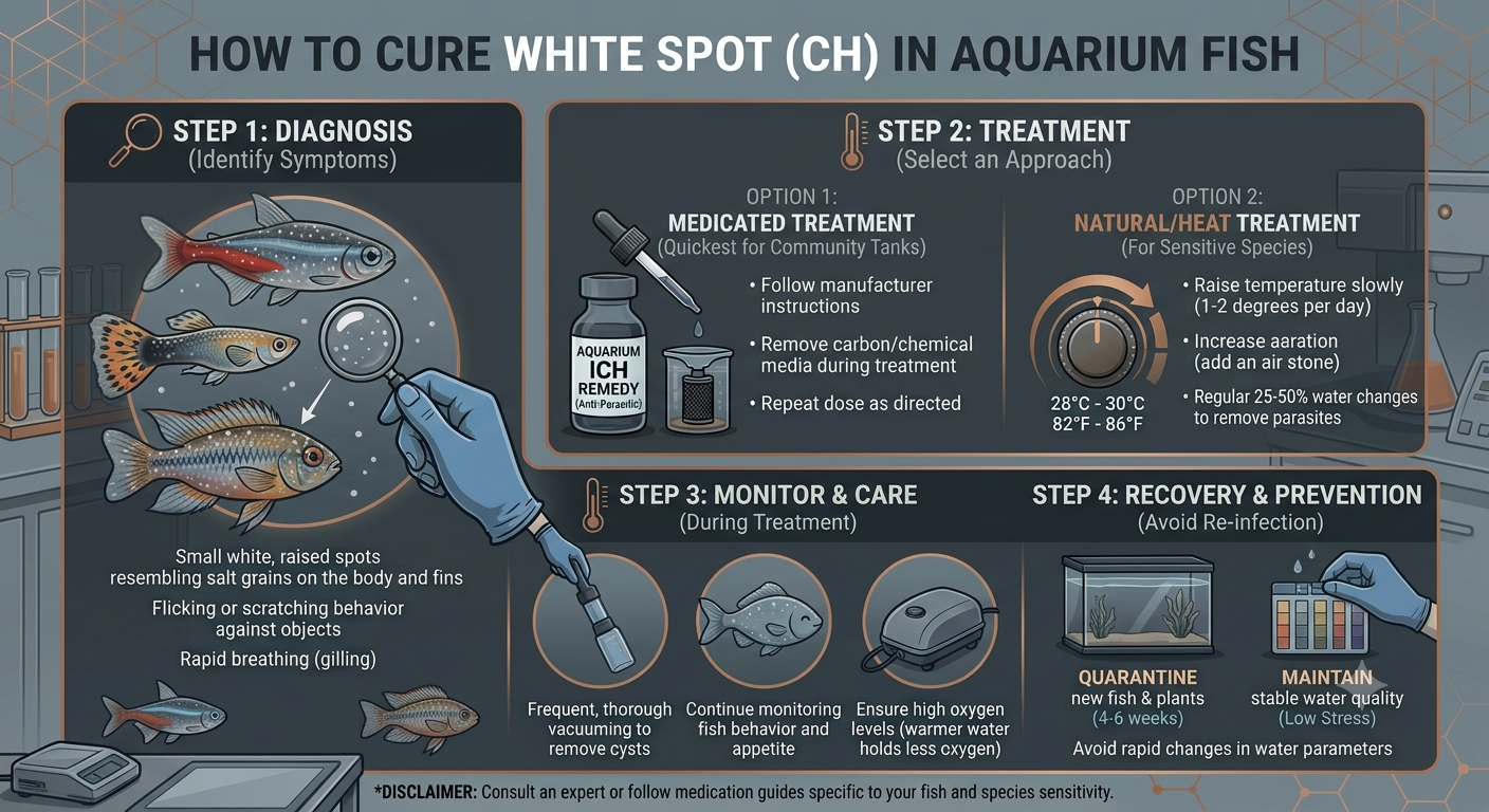 A detailed infographic showing the four steps to diagnose and treat White Spot disease (Ich) in aquarium fish, including medicated and natural heat treatment options.