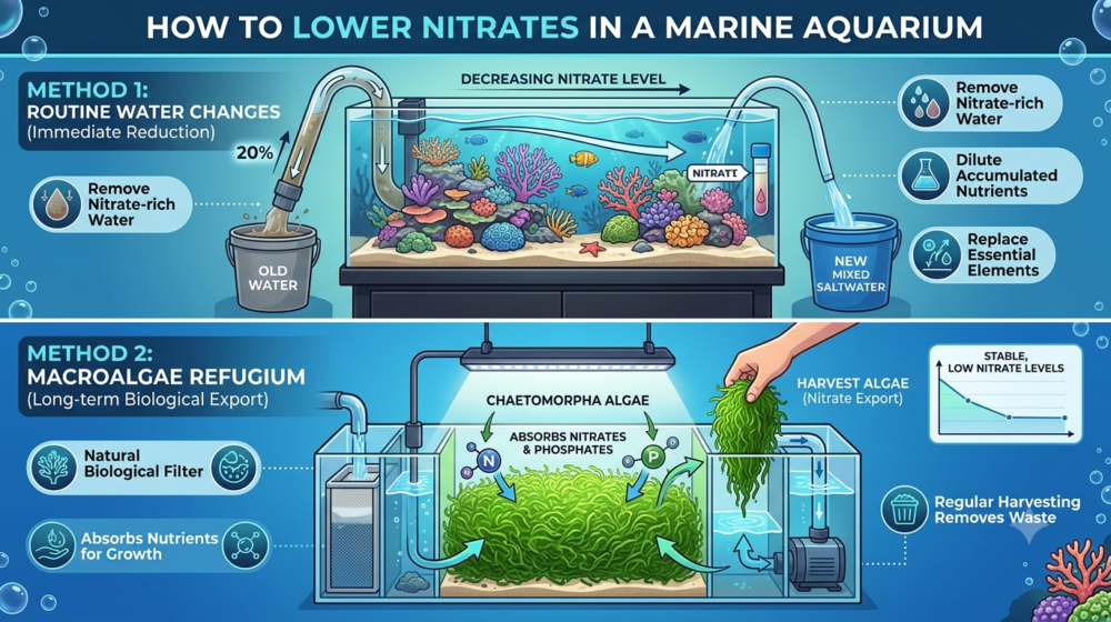 Infographic showing two methods to lower nitrates in a saltwater marine aquarium: routine water changes using a siphon and a macroalgae Chaetomorpha refugium sump.