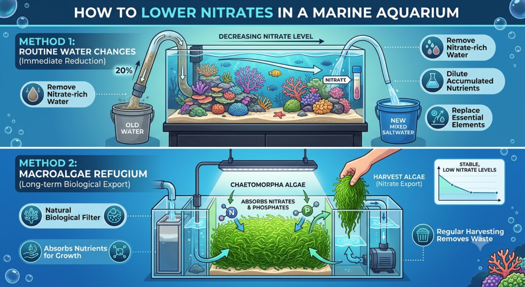 Infographic showing two methods to lower nitrates in a saltwater marine aquarium: routine water changes using a siphon and a macroalgae Chaetomorpha refugium sump.